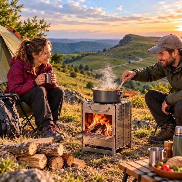 Couple bivouac prépare repas sur réchaud à bois