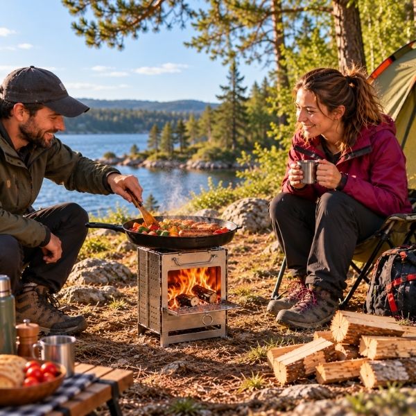 Couple bord lac prépare repas sur réchaud à bois
