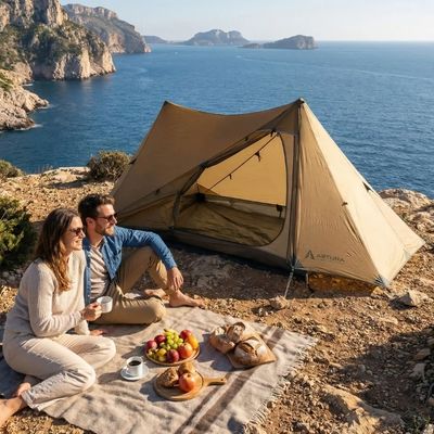 Couple déjeune côté tente 2 personnes vue mer