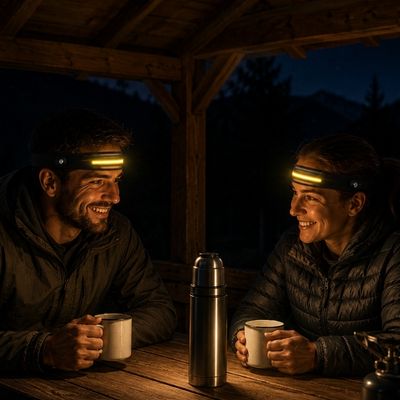 Couple discute avec café lampe frontale bandeau LED jaune