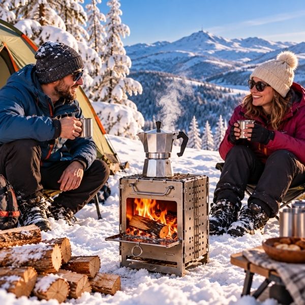 Couple hiver bivouac prend café réchauffé sur réchaud à bois