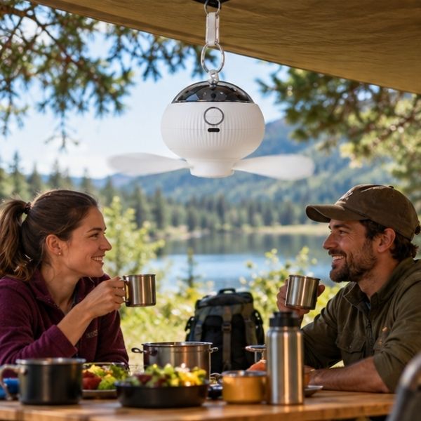 Couple sous tonnelle rafraichit endroit avec ventilateur camping