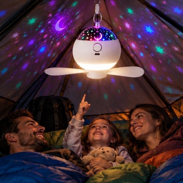 Famille allongée sous tente observe ambiance étoilée ventilateur camping