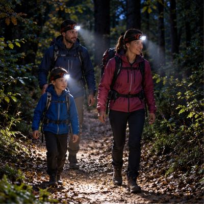 Famille sentier forestier marche avec lampe frontale rechargeable