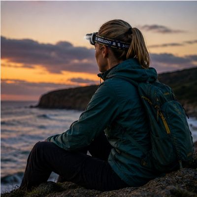 Femme admire couche soleil lampe frontale bord mer
