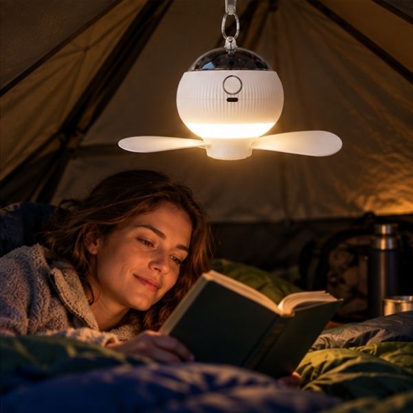 Femme allongée sous tente lit grâce lampe ventilateur camping