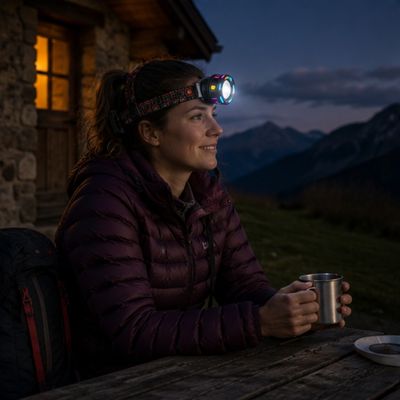 Femme assise dehors côté refuge avec lampe frontale puissante