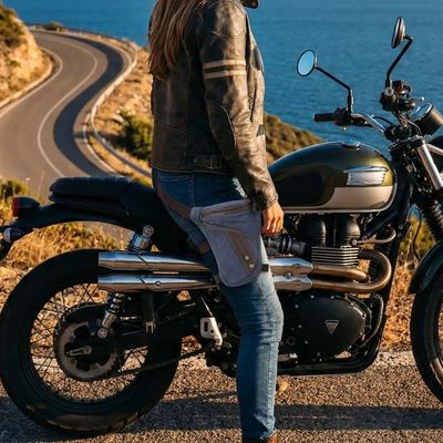 Femme assise moto sacoche de jambe regarde mer