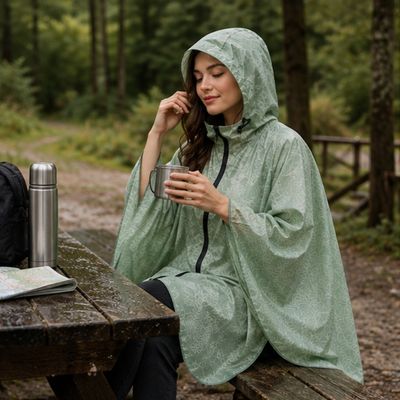 Femme assise table pique-nique cape de pluie femme randonnée