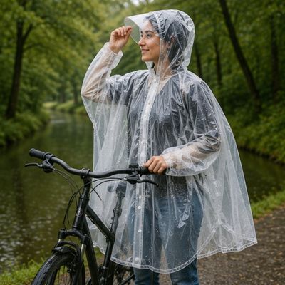 Femme avec cape de pluie vélo chemin ombragé
