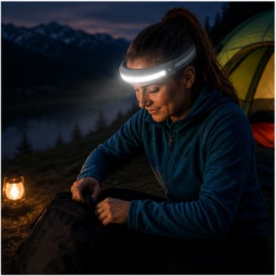 Femme bivouac range affaires dans sac avec lampe frontale COB