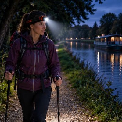 Femme bord canal marche avec lampe frontale rechargeable
