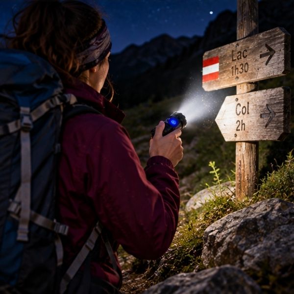 Femme éclaire pancarte sentier randonnée avec lampe torche rechargeable