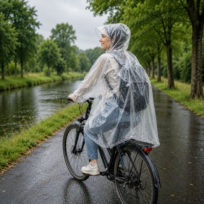 Femme fait balade voie verte cape de pluie vélo