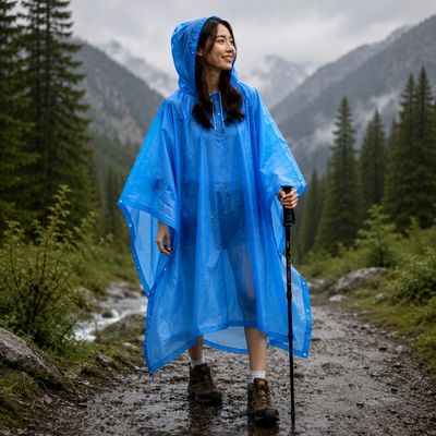 Femme heureuse randonne sentier montagne poncho pluie
