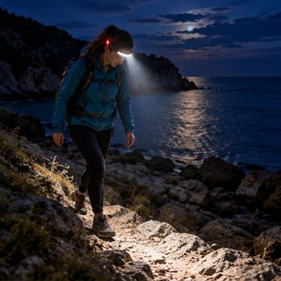 Femme marche GR bord mer soir lampe frontale rechargeable