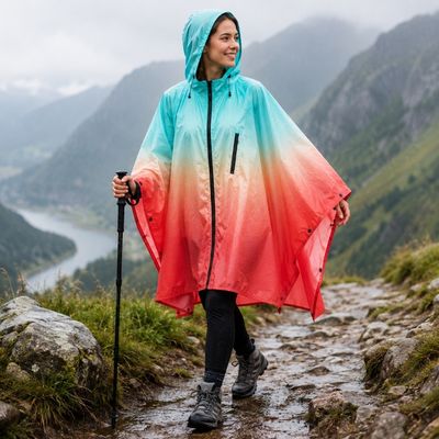 Femme marche chemin montagne cape pluie temps gris