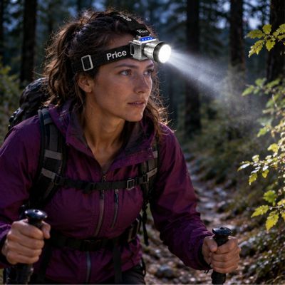 Femme marche sentier forestier soir avec puissante lampe frontale