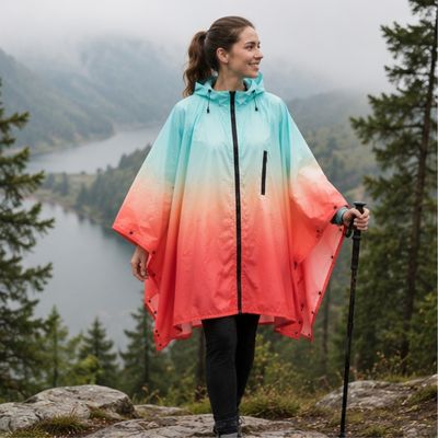 Femme marche sentier montagne cape pluie capuche baissée