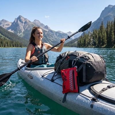Femme navigue kayak lac trousse de premier secours attachée sac