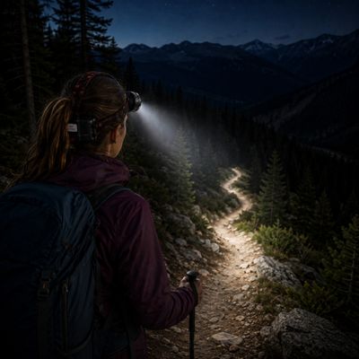 Femme randonne chemin qui serpente avec lampe frontale puissante