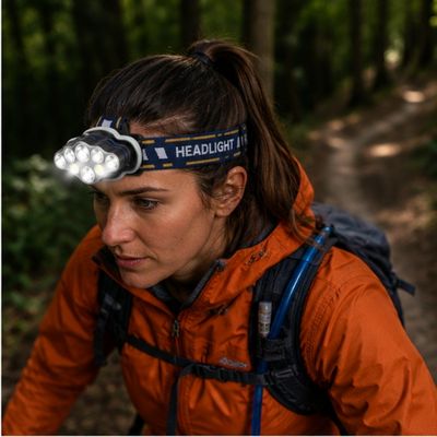 Femme randonne sentier forêt avec lampe frontale LED rechargeable