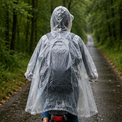 Femme roule petite route forestière cape de pluie vélo
