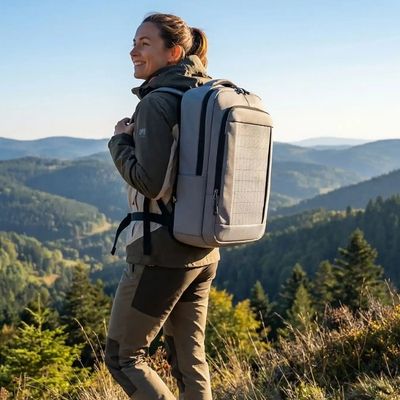 Femme sentier admire crêtes sac chargeur solaire confortable