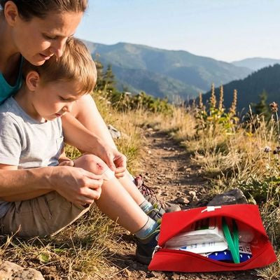 Femme soigne enfant pendant randonnée grâce trousse de secour