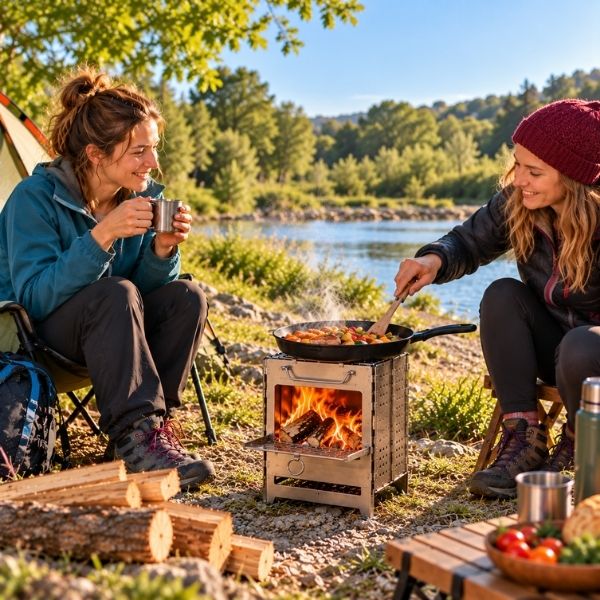 Femmes bord lac préparent repas sur réchaud à bois