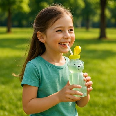 Fillette boit gourde réutilisable pour compote après activité extérieure