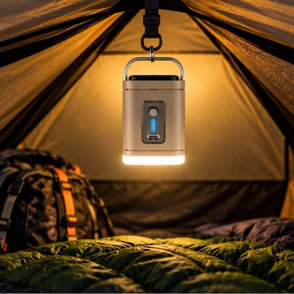 Gonfleur matelas allumé soir bivouac sous tente