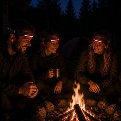 Groupe discute autour feu lampe frontale bandeau LED rouge