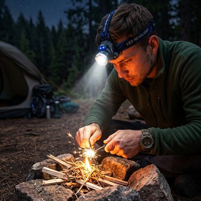 Homme allume feu meilleur lampe frontale sur tête