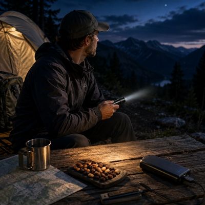 Homme bivouac éclaire alentour lampe de poche rechargeable