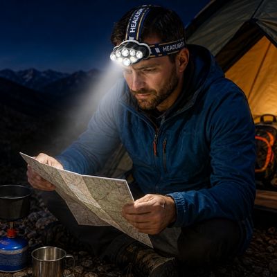 Homme bivouac lit carte avec lampe frontale LED rechargeable