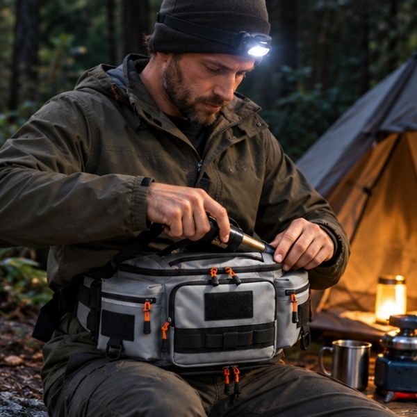 Homme bivouac range torche dans sacoche ventrale multifonction