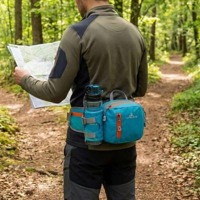 Homme cherche chemin carte forêt sacoche rando