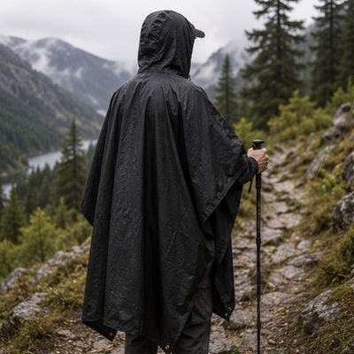 Homme couvert poncho militaire randonne montagne