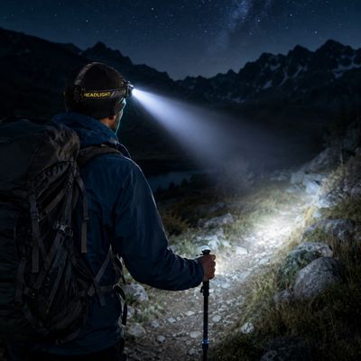 Homme éclaire sentier avec lampe frontale puissante professionnelle
