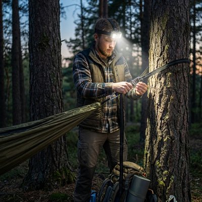 Homme fixe hamac tronc arbre grâce lampe frontale led rechargeable