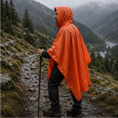 Homme libre couvert poncho imperméable cherche chemin