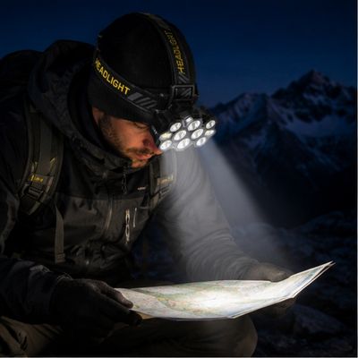 Homme lit carte avec lampe frontale puissante professionnelle