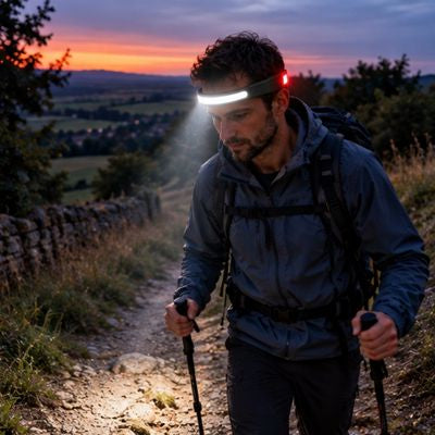 Homme marche campagne soir lampe frontale rechargeable