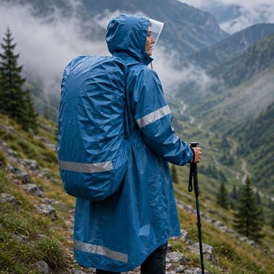 Homme marche sentier cape de pluie randonnée sous averse