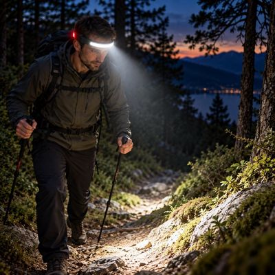 Homme marche sentier soir lampe frontale rechargeable