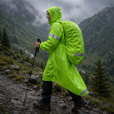 Homme monte chemin cape de pluie randonnée