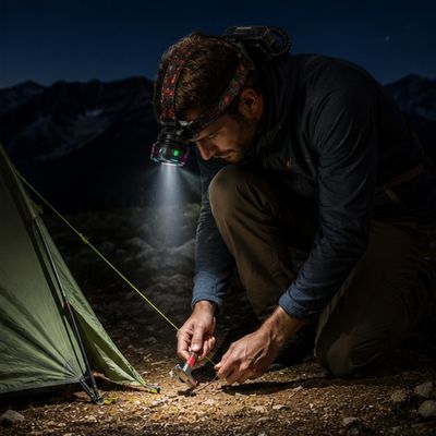 Homme monte tente bivouac avec lampe frontale puissante