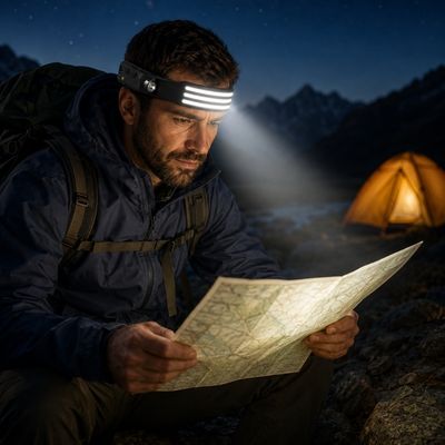Homme observe carte avec lampe frontale bandeau LED
