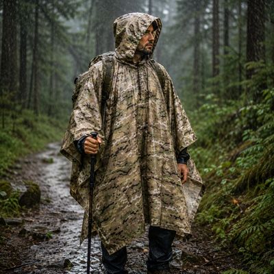 Homme poncho camouflage randonne sentier forestier